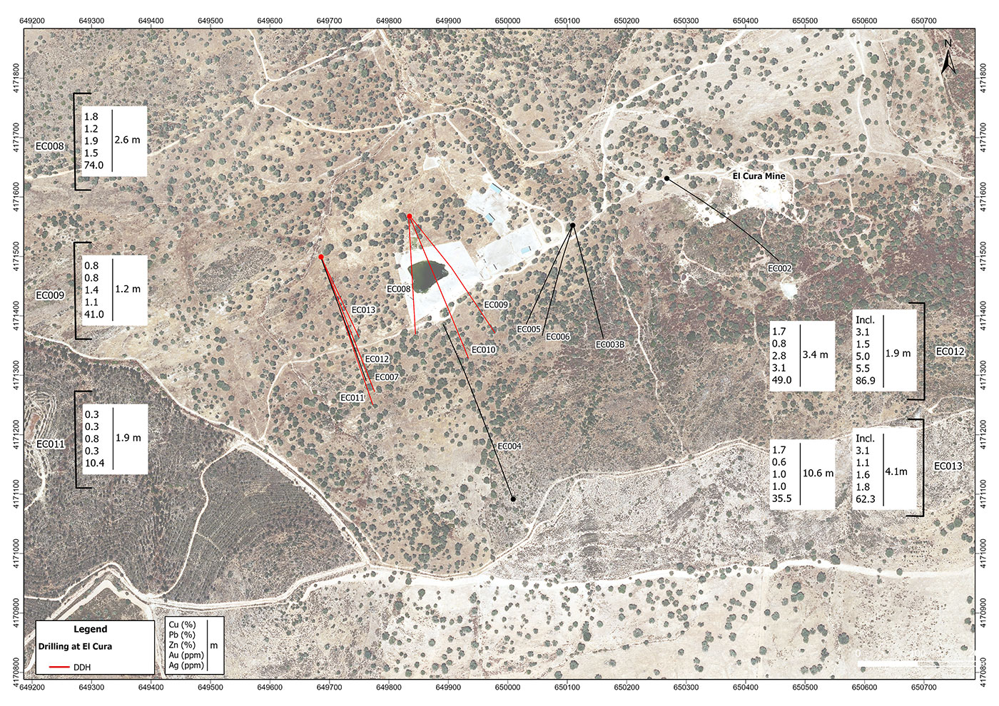 Figure 2: Plan map showing drill hole traces of the El Cura drilling, in red color holes in this NR.