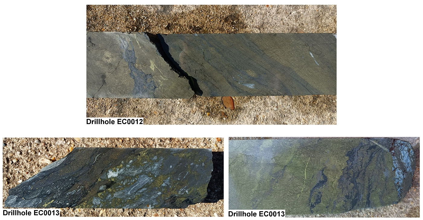Figure 5: Core photos of drillholes EC012 and EC013 with abundant presence of Chalcopyrite, Sphalerite and Galena.